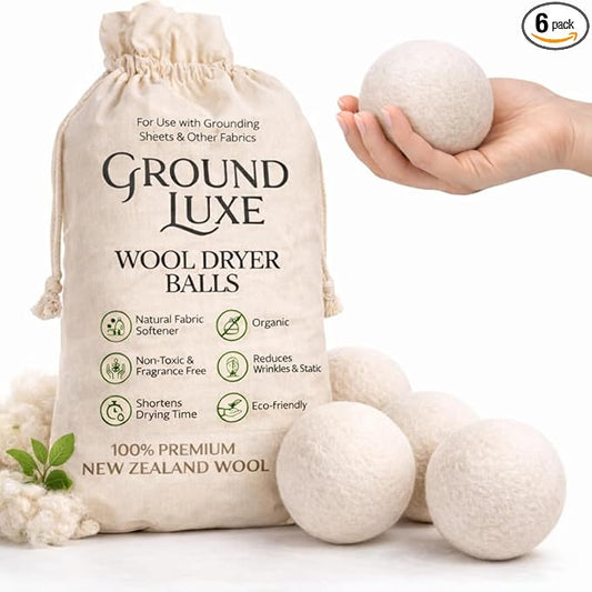 GroundLuxe Premium New Zealand Wool Dryer Balls - 6-Pack, 100% Organic, Hand-Felted, Reusable, Reduce Drying Time - Natural Fabric Softening, Wrinkle & Static Reduction