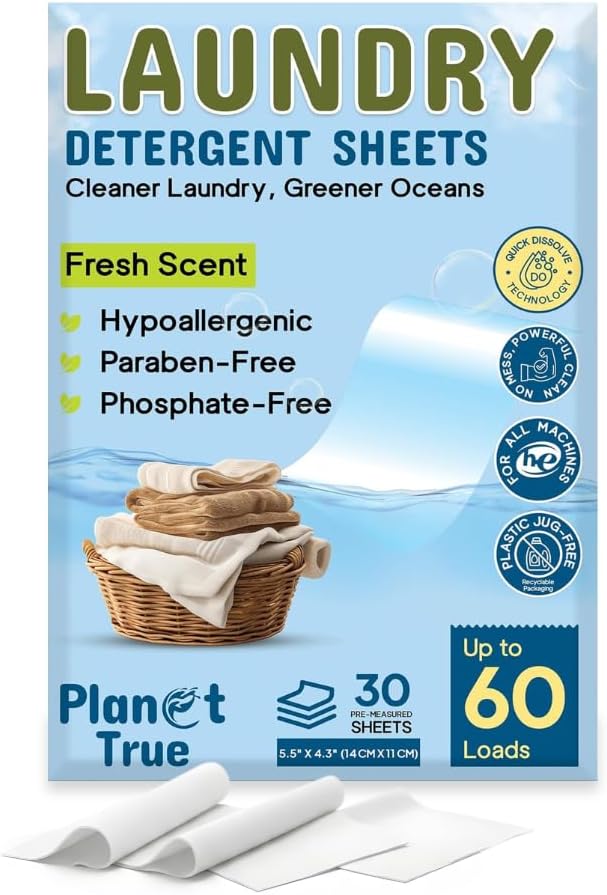Eco-Friendly Laundry Detergent Sheets – 60 Loads (30 Sheets) Fresh Scent – Concentrated, Quick-Dissolve, Travel-Friendly & Hypoallergenic – No Phosphate, Bleach or Dyes