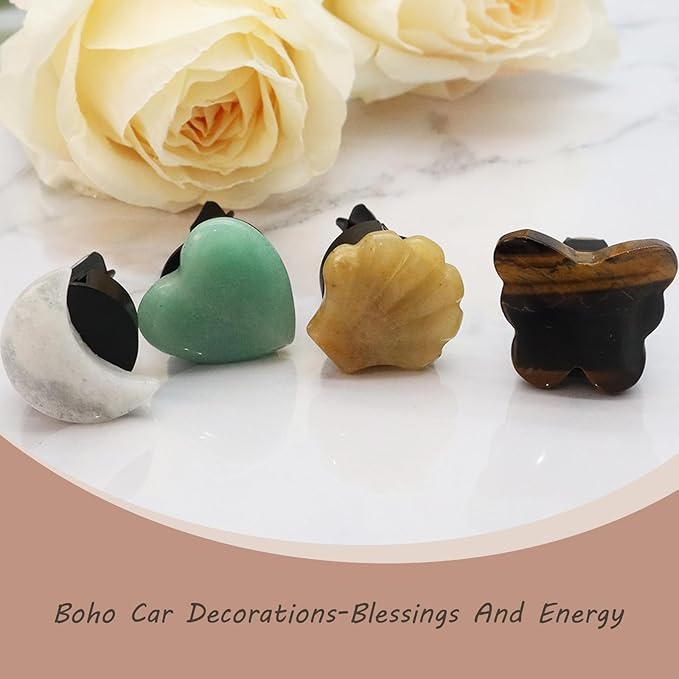 Boho Car Decor,4pcs Natural Stone Car Air Fresehenr Vent Clips,Moon Seashell Heart Butterfly Crystal Dashboads Accessories for Women,Best Wishes for Lover Friends