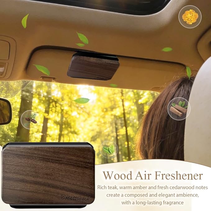 Car Air Freshener - Natural Wood Air Freshener - Plant Essential Oils Car Odor Eliminator Long Lasting Scent with Visor Clip for Vehicle Cabin Truck SUV - Pack of 3 (Teak-Pine-Amber)
