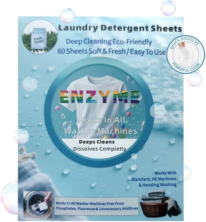 Eco-Friendly Laundry Detergent Sheets - 60 Loads Eco Liquidless Soap - Travel-Friendly for Hot & Cold Cycles, Tackles Tough Stains & Odors - Gentle on Sensitive Skin-Easy To Use (Fresh Scent)