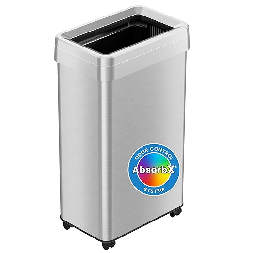 iTouchless 18 Gallon Open Top Kitchen Trash Can Recycling Bin with Wheels and Double Odor Filters Rectangular Commercial Stainless Steel 68 Liter Trashcan Home Office Work Bedroom Livingroom Garage