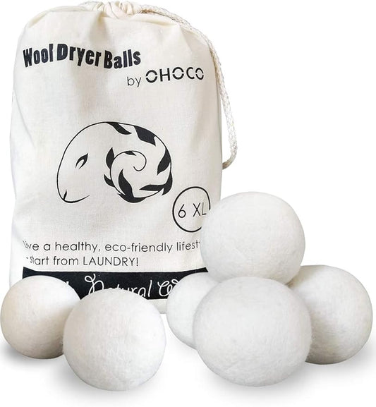 Wool Dryer Balls 6 Pack XL, Organic Natural Wool for Laundry, Fabric Softening - Anti Static, Baby Safe, No Lint, Odorless and Reusable White