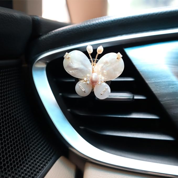 Butterfly Accessories - 2pcs Natural SeaShells Zircon Pearl Butterfly Air Freshener Vent Clips - Handmade Car Vent Decoration, Bling Car Accessory for Women, Refillable Diffuser