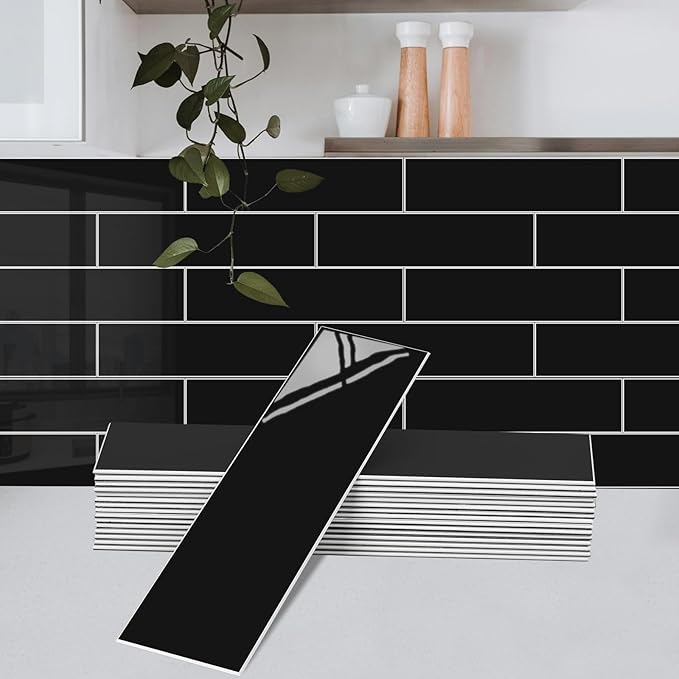 24-Pieces Peel and Stick Tiles for Kitchen Backsplash, New Upgrade Design 12" x 3"SPC Subway Backsplash Tiles, Marble Black Premium Finger Tiles, Peel and Stick Backsplash for Kitchen.