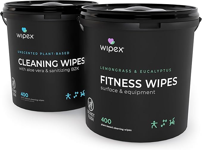Wipex Fitness Wipes Bundle - Get 2 Buckets (1) Lemongrass Plant-Based Fitness Equipment Wipes & (1) Sanitizing BZK Bucket for Hands, Safe on Skin, Great for Home, Studios and Gyms, 400 Ct (Pack of 2)