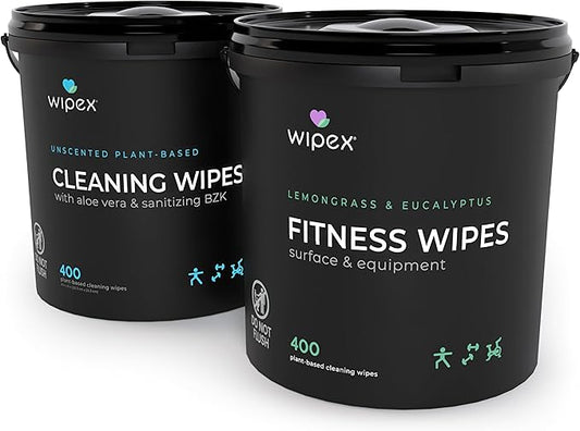 Wipex Fitness Wipes Bundle - Get 2 Buckets (1) Lemongrass Plant-Based Fitness Equipment Wipes & (1) Sanitizing BZK Bucket for Hands, Safe on Skin, Great for Home, Studios and Gyms, 400 Ct (Pack of 2)