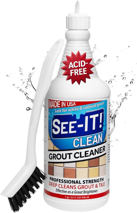 SEE-IT! Grout & Tile Deep Cleaner Brightener & Heavy-Duty Stain Remover Acid-Free Safe for Ceramic, Porcelain, Marble, Stone - 32 fl. oz. with Hand Cleaning Brush
