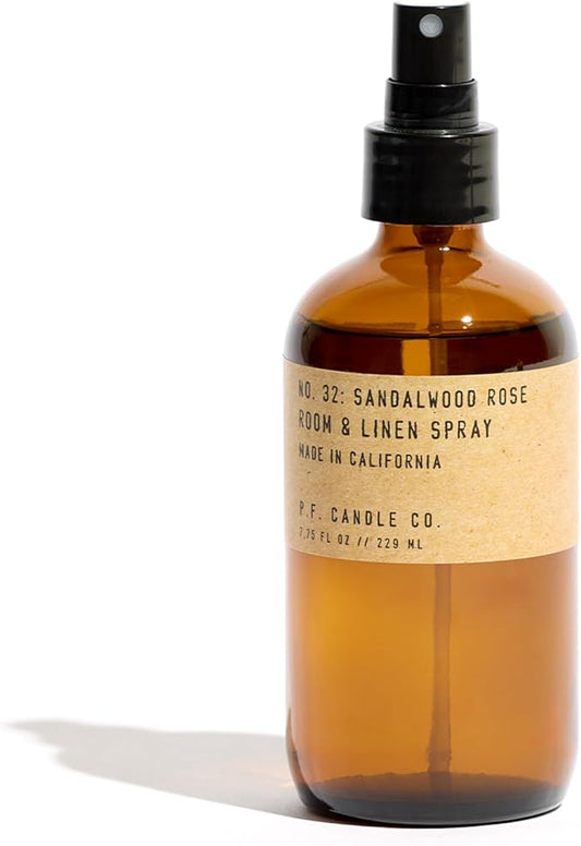 P.F. Candle Co. Sandalwood Rose Scented Room & Linen Spray (7.75 fl oz) Amber Glass Bottle, Fine Fragrance Oil, Quick Fabric and Air Refresher, Made In The U.S.A.