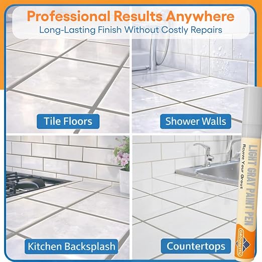 Light Gray Grout Paint Pen Tile Grout Colorant & Sealer Marker, Quick-Dry, Ideal for Bathroom, Shower, Kitchen Tiles Restores Grout Lines, 3 Adjustable Tips (2-3 mm) 2 Pack