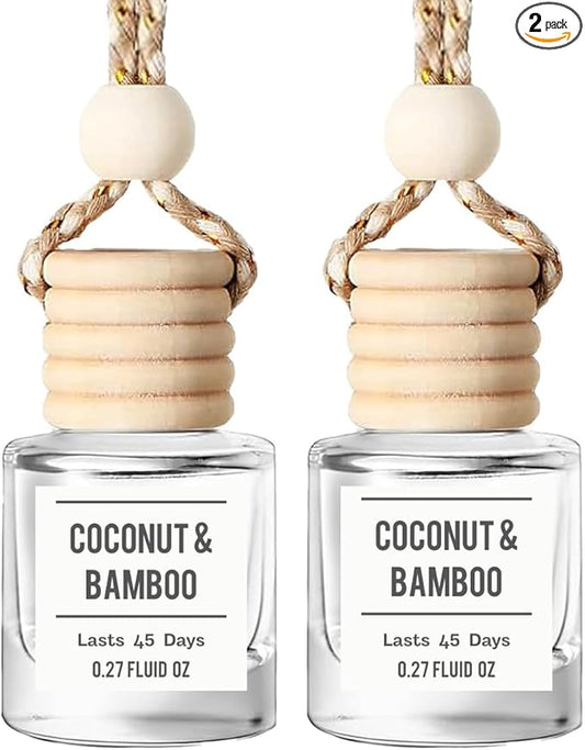 Bamboo and Coconut Hanging Car Air Freshener – Long Lasting Essential Oil Diffuser for Car, Closet, Bathroom – 2-Pack Natural Scent Deodorizer