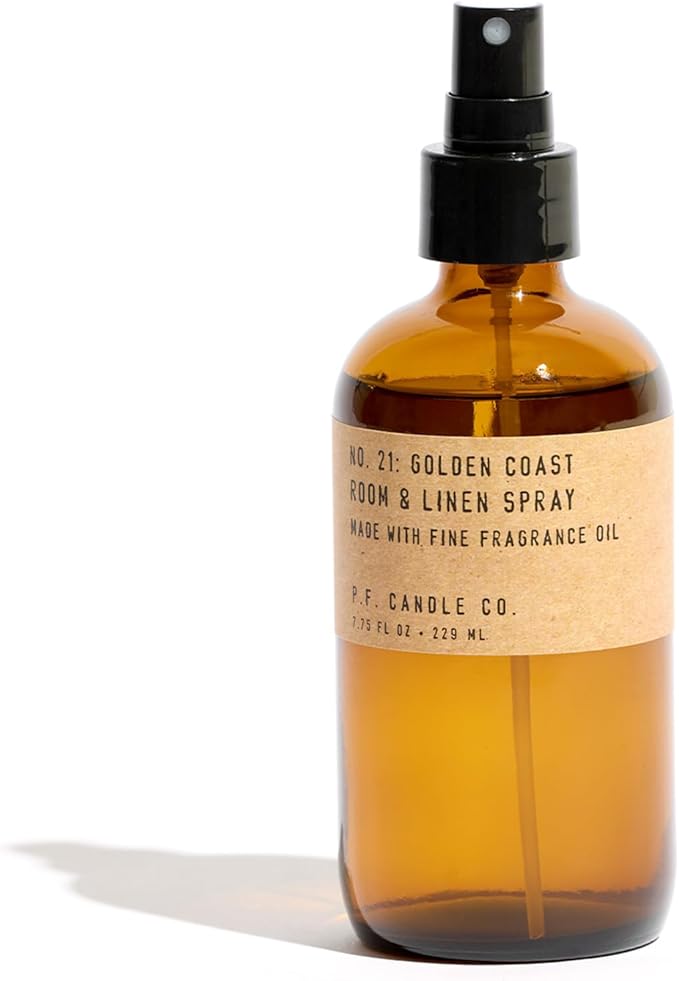 P.F. Candle Co. Golden Coast Scented Room & Linen Spray (7.75 fl oz) Amber Glass Bottle, Fine Fragrance Oil, Quick Fabric and Air Refresher, Made In The U.S.A.
