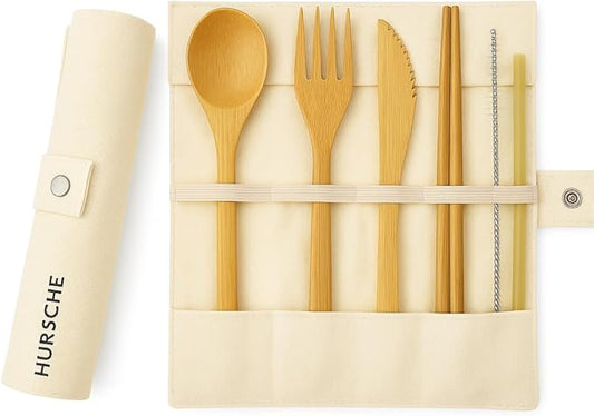 Bamboo Utensil Set with Case – Reusable Travel Cutlery & Portable Flatware Kit with Wooden Fork, Spoon, Knife, Chopsticks, Straw – Zero Waste Lunch Box Essentials for Work, Camping, Picnic