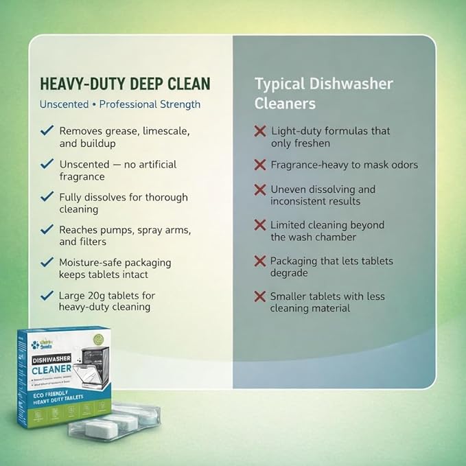 Dishwasher Cleaner and Deodorizer XL Tablets – Heavy-Duty Descaler & Odor Remover for Hard Water, Removes Spots & Residue, Enhance Drying & Shine, 12 Pack (1 Year Supply)