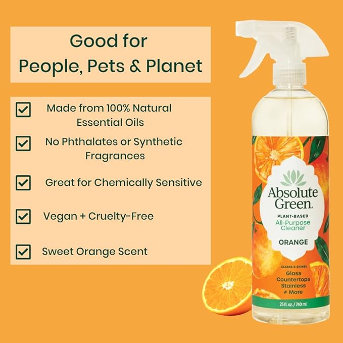 Absolute Green All Purpose Cleaner Spray, Non-Toxic, Kitchen, Bath, Countertop, Stainless, Safe around Kids + Pets, Natural Orange Scent, 25 oz (1 Pack)