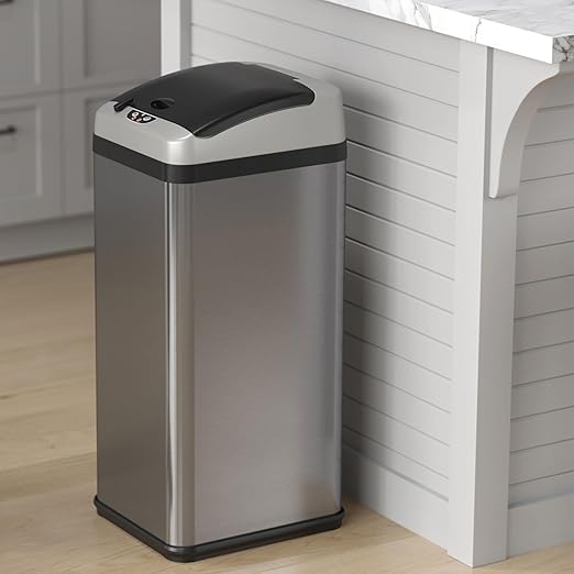 iTouchless 13 Gallon Automatic Touchless Sensor Kitchen Garbage Can with AC Adapter and Odor Filter Deodorizer, Includes Waterproof Reusable Vinyl Trash Sticker, Stainless Steel/13 Gal