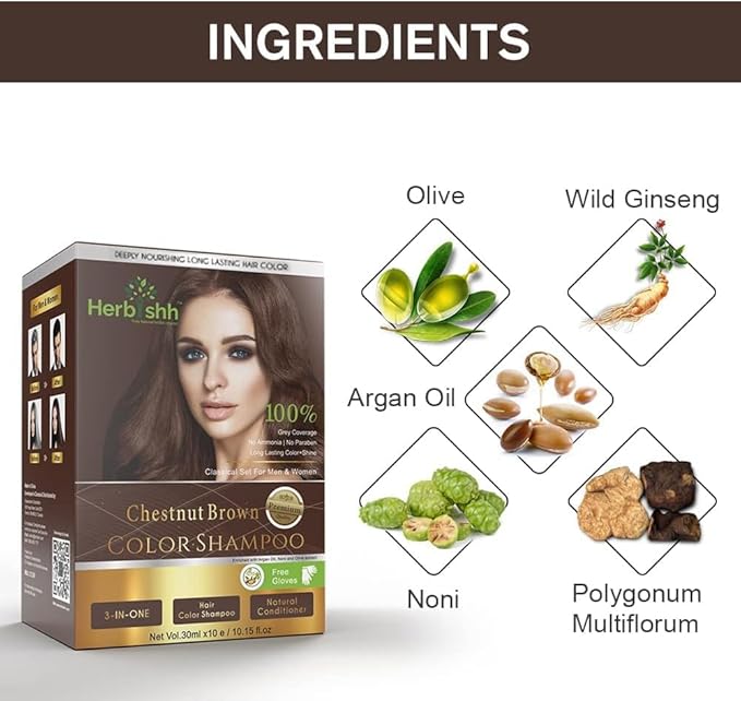 Herbishh Hair Color Shampoo for Gray Hair Chestnut Brown + Hair Color Stain Remover Wipes - Travel Pack With 5 Wipes