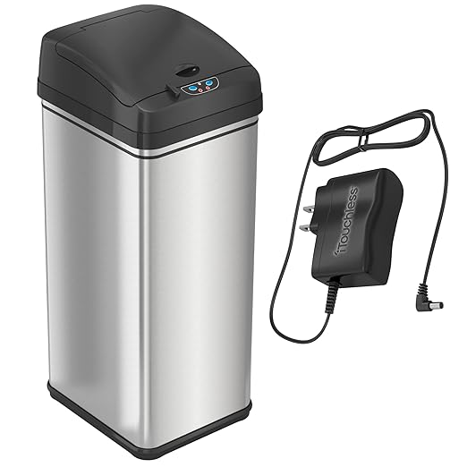 iTouchless 13 Gallon Sensor Trash Can with AC Adapter, Battery-Free Stainless Steel Automatic Bin with Odor Filter, Great for Kitchen and Office