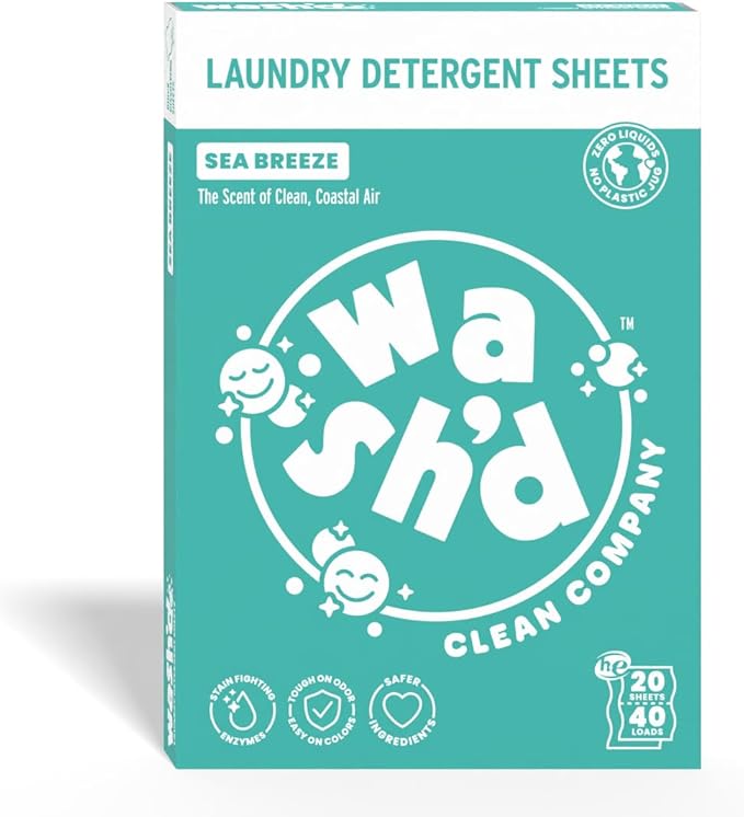 Wash'd Laundry Detergent Sheets - 40 Loads - Non Toxic Stain Fighting Enzymes - Plastic Free Travel Friendly Drawer Box - Sea Breeze