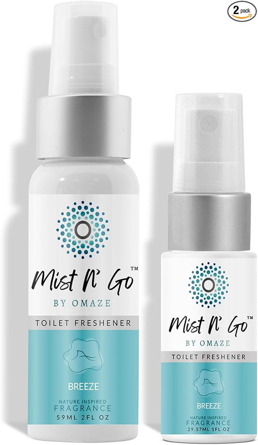 Mist N' Go by Omaze Travel Odor Eliminator - Toilet Spray for Bathroom Air Freshener - Daily Pack (2oz x1 + 1oz x1)