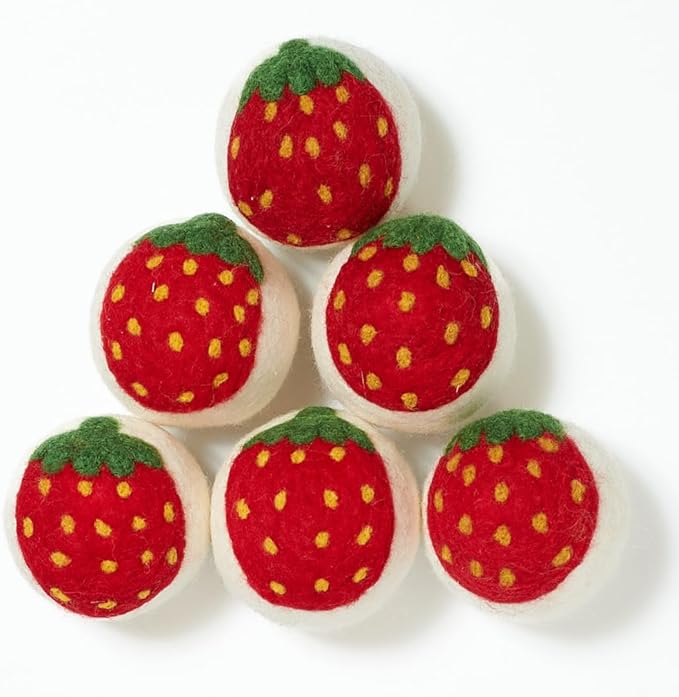 Upcycled Oversized New Zealand Wool Dryer Ball Set Strawberry Design, Handmade Fair Trade Eco Friendly Reusable Wool Dryer Balls for Faster Drying and Softening