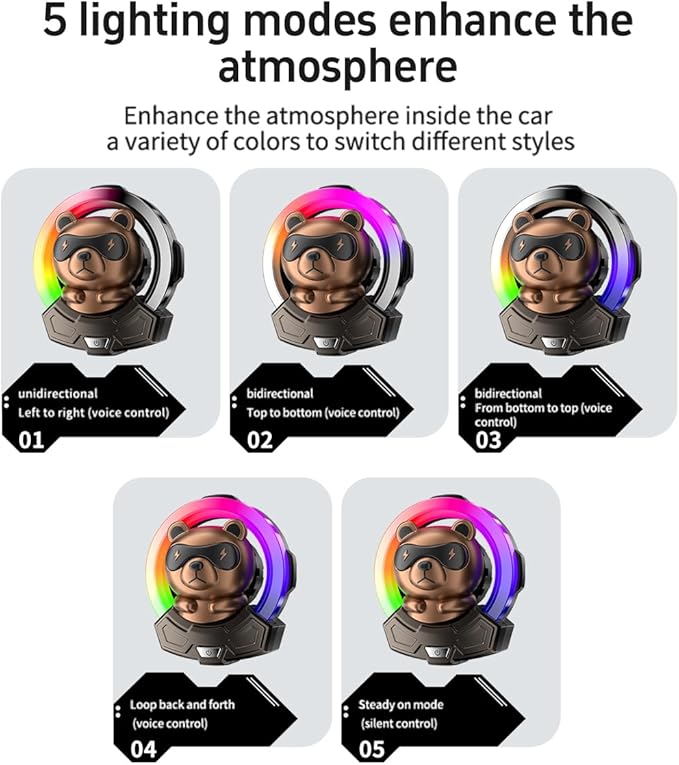 Cartoon Bear Cute Air Freshener for Car,7 Colors Air Vent Clips Car Decorations with 5 Dynamic Lightings,Voice Control,USB Charging Cute Vent Clips Car Accessories