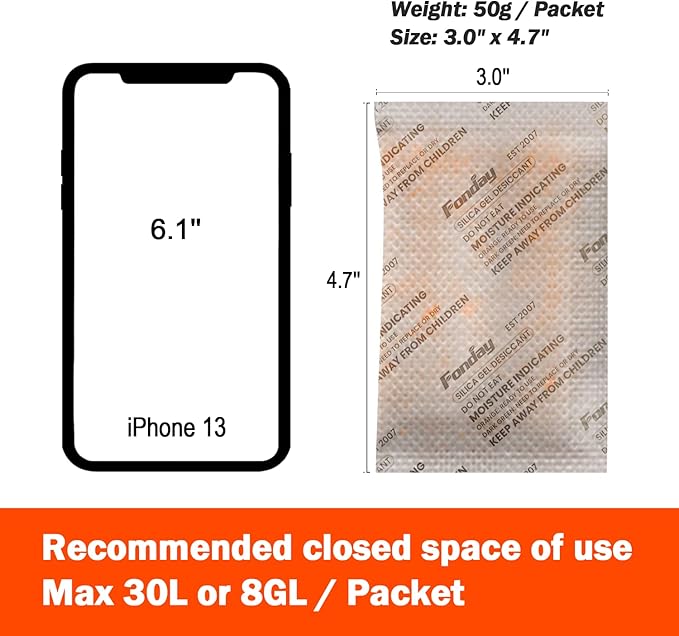 50g x 40 Packs Fonday Rechargeable Silica Gel Desiccant Packets Fast Reactivate Desiccant Bags Moisture Indicating Orange to Green for Food Storage, Electronics, 3D Filament & Safes