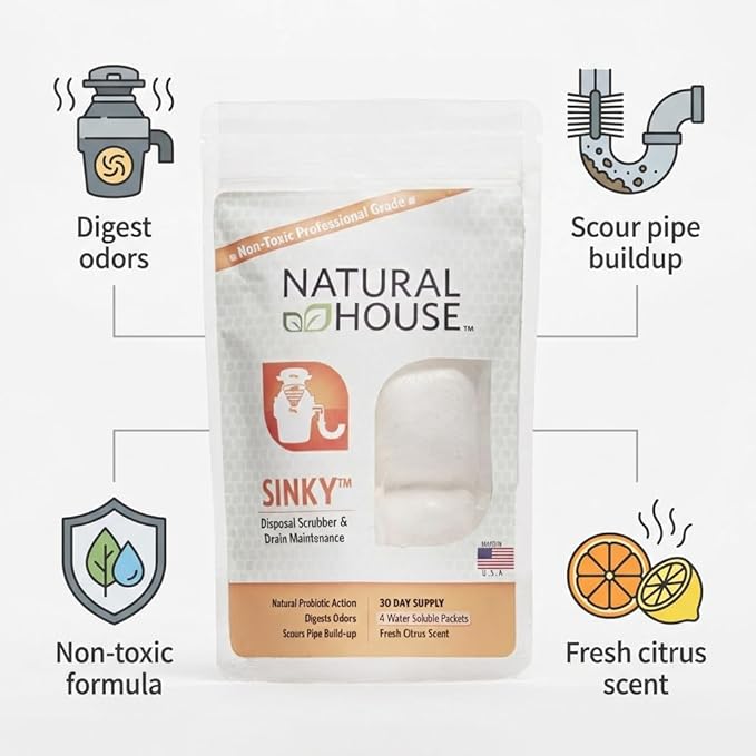 Natural House Sinky - Probiotic Garbage Disposal & Drain Cleaner Pods - Breaks Down Grease - Citrus Scent - Septic Safe - 60 Count