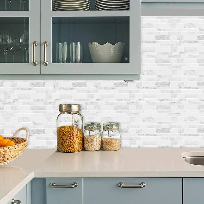 Marble Peel and Stick Backsplash for Kitchen, Thicker Design Self Adhesive Wall Tiles Stick on Backsplash, Marble Look Decorative Tiles (10 Tiles, 12”× 12”)