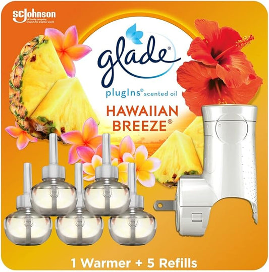Glade PlugIns Refills Air Freshener Starter Kit, Scented and Essential Oils for Home and Bathroom, Hawaiian Breeze 3.35 Fl Oz, 1 Warmer + 5 Refills