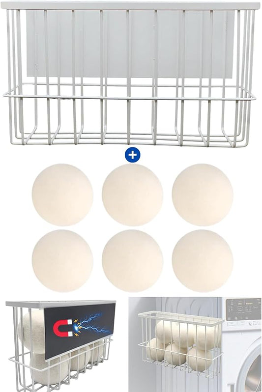 Magnetic Dryer Ball Holder Plus 6 XL Wool Dryer Balls from New Zealand Wool- Laundry Dryer Balls Storage Containers: Easy Install Without Tools, Magnetic Basket for Dryer Balls