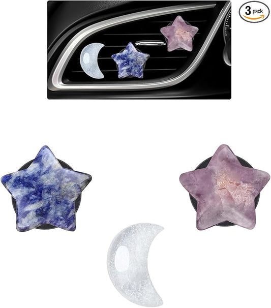 Moon Stars Car Decor,Boho Air Vent Clips,Refillable Car Fresheners,3pcs Natural Crystal Stone Hippie Dashboard Decorations Accessories,Best Wishes for Lover and Friend (Blue & Purple)