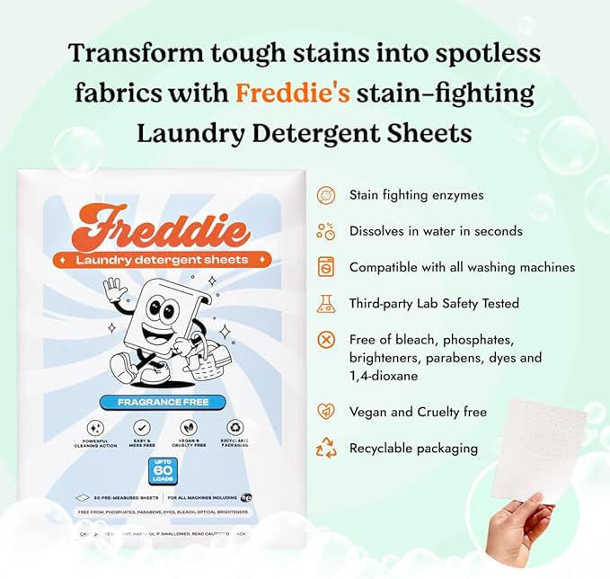 Freddie Low-Waste Laundry Detergent Sheets – Jug Free Format – Pre-Measured Strips – 60 Loads – Unscented for Sensitive Skin