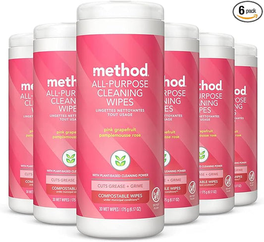 Method All-Purpose Cleaning Wipes, Pink Grapefruit, Multi-Surface, Compostable, 30 Count (Pack of 6)