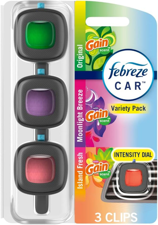 Febreze Car Air Freshener, Odor-Fighting Automotive Vent Clip, Mixed Gain Scent, 3 Count