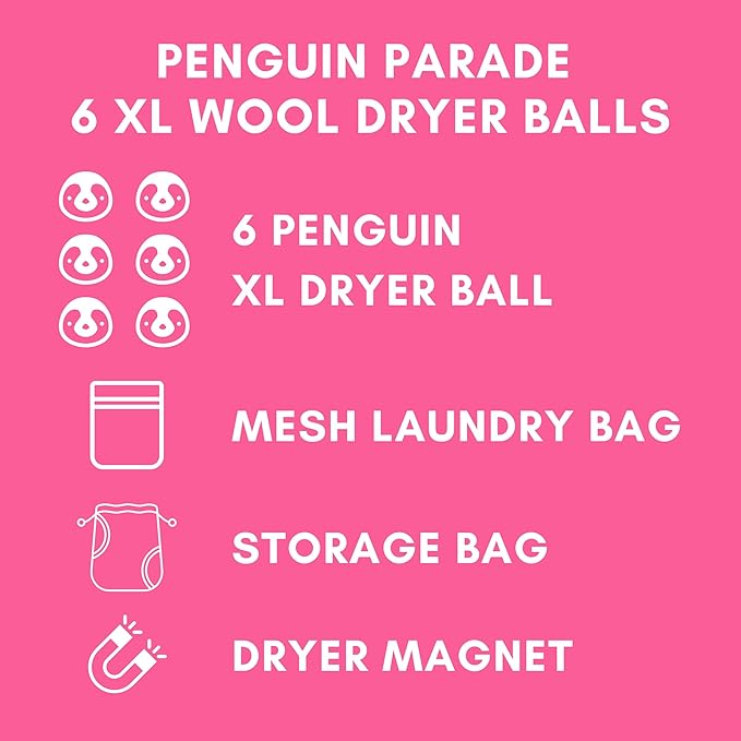 6-Pack XL Organic Wool Dryer Balls - 100% New Zealand Wool, Reuse for 1000 Loads, Fair Trade, Handmade in Nepal, Dryer Balls Laundry Reusable, Penguins Dryer Ball Set, Mesh Laundry Bag