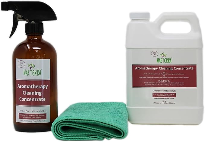 Naeterra Aromatherapy Cleaning Starter Kit - 32oz Plant-Based Concentrate, 16oz Amber Bottle, Funnel & Cloth - Legendary Apothecary Botanical Blend - No Synthetics - 64 Refills