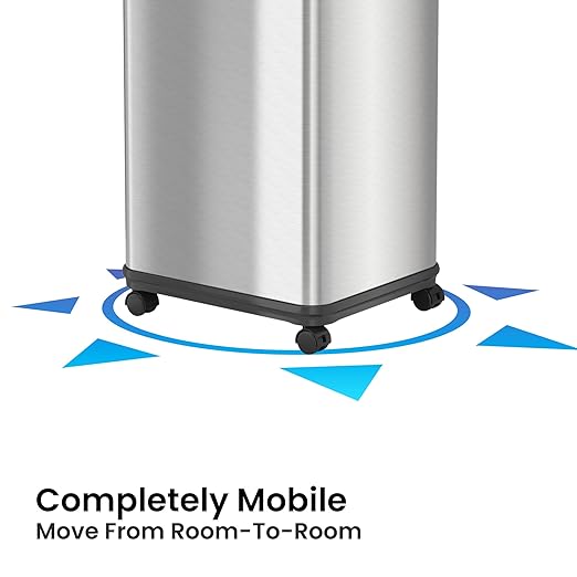 iTouchless Rolling 13 Gallon Sensor Kitchen Trash Can with Lid and Wheels Odor Filter Stainless Steel Automatic Kitchen Garbage Bin Trashcan for Home Office Bedroom Living Room Garage Wastebasket