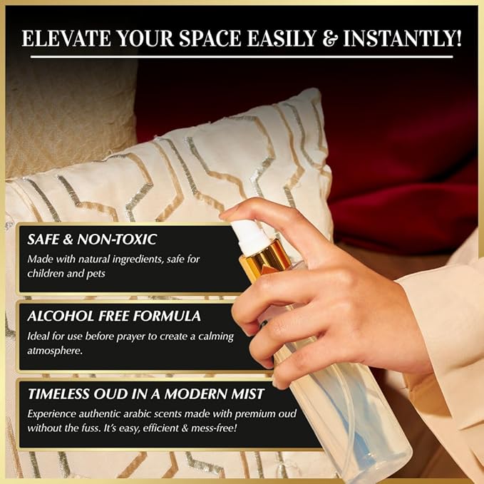Oud al Qamar Arabic Room Spray by Dukhni | 250ml Oud fragrance Air Freshener, Attar al Faraash for home & prayer mats | Bed linen, Sofa Mist, natural home scent, curtain spray, odour eliminator