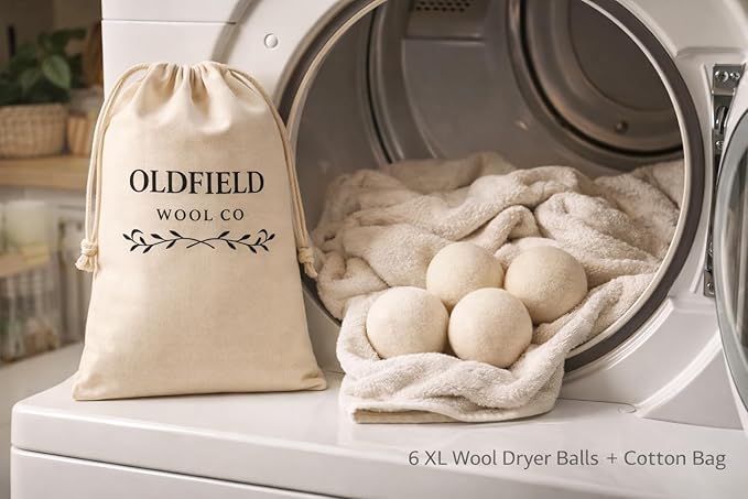 Oldfield Wool Co XL Wool Dryer Balls, 6 Pack with Cotton Storage Bag, Natural Fabric Softener Alternative, Helps Reduce Drying Time and Static, Reusable, Helps Lift Pet Hair and Lint