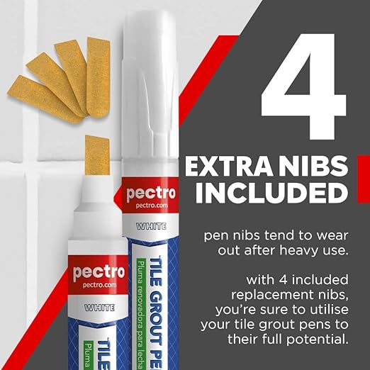 Grout Pen White – 2 Pack Tile Grout Markers with 4 Extra Nibs – Waterproof Grout Whitener & Paint for Bathroom & Kitchen – Easy to Apply, Restore Dirty Grout Lines – 0.27oz (8ml) Each PECTRO
