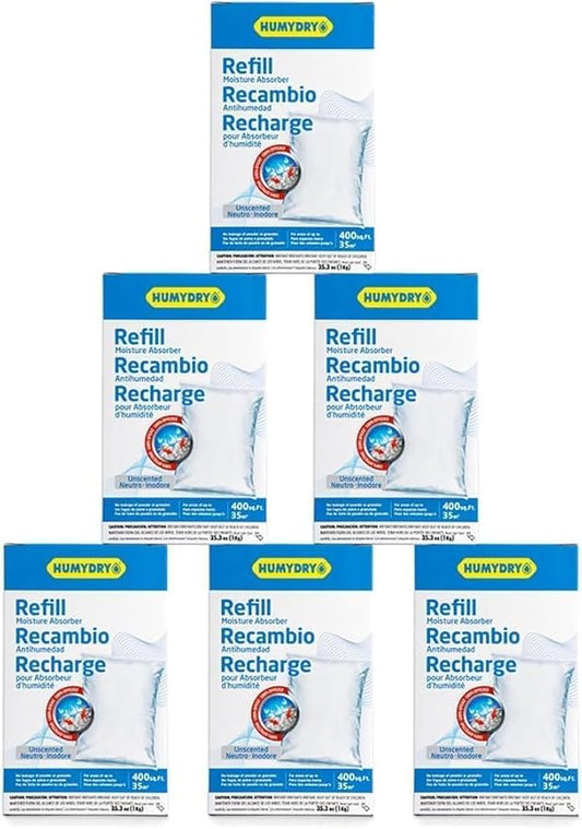 HUMYDRY Moisture Absorber Refills for 35.3 Oz Dehumidifier Device, Pack of 6 Unscented Humidity Absorber Bags, Non Electric Refill Pouches For Basements Garages Offices RVs and Large Enclosed Spaces