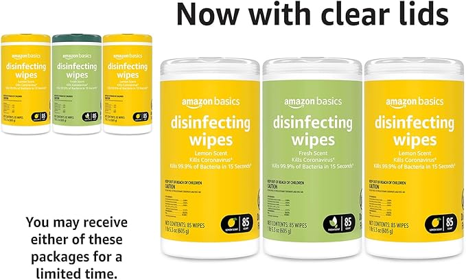 Amazon Basics Disinfecting Wipes, Lemon & Fresh Scent, Sanitizes/Cleans/Disinfects/Deodorizes, 255 Count (2 Packs Lemon, 1 Pack Fresh Scent)