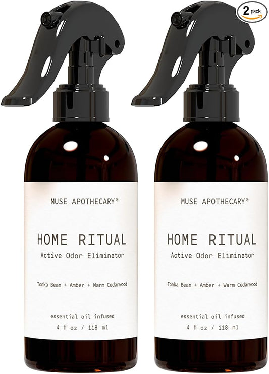 Muse Apothecary Home Ritual Active Odor Eliminator Spray - Furniture Deodorizer Spray & Bathroom Odor Eliminator for Home - Essential Oil Air Freshener - 4oz, Tonka Bean + Amber + Warm Cedarwood