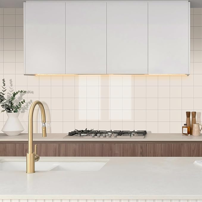 Peel and Stick Tiles for Kitchen Backsplash, New Upgrade Design 9" x9" SPC Square Marble Tiles, Glossy Beige Premium Mosaic Tiles(5-Sheet)