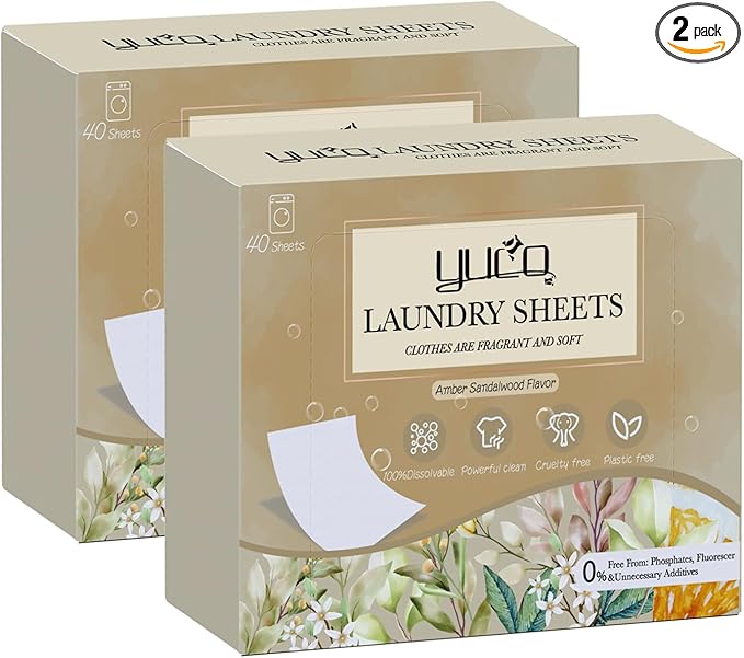 YUCO Laundry Detergent Sheets 160 Loads, Plastic Free Sheet No Plastic Jug Concentrated Eco Sheets Laundry Detergent Hypoallergenic Amber Sandalwood Scent Pack of 2