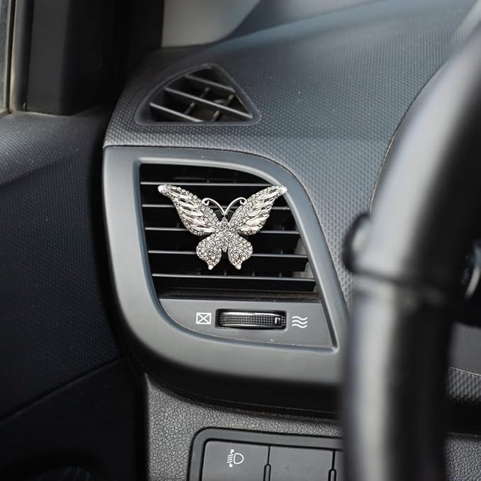 MiOYOOW 2PCS Butterfly Air Vent Clips, Mini Metal Car Air Fresheners, Rhinestone Car Interior Decorations, White, Pink, Blue, Natural Scent