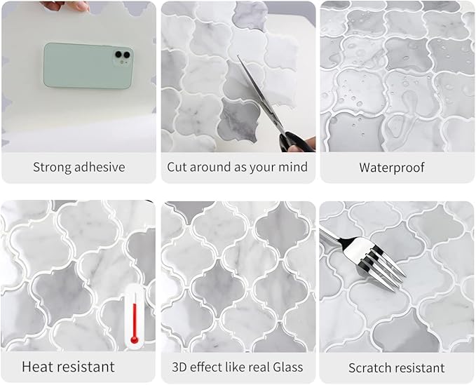 Arabesque Peel and Stick Tile for Kitchen, 12” X 12” Mix Grey Self-Adhesive Kitchen Backsplash in Marble, 10-Sheet 3D Self-Adhesive Wall Tile Stick on Tiles Backsplash(Thicker Design)