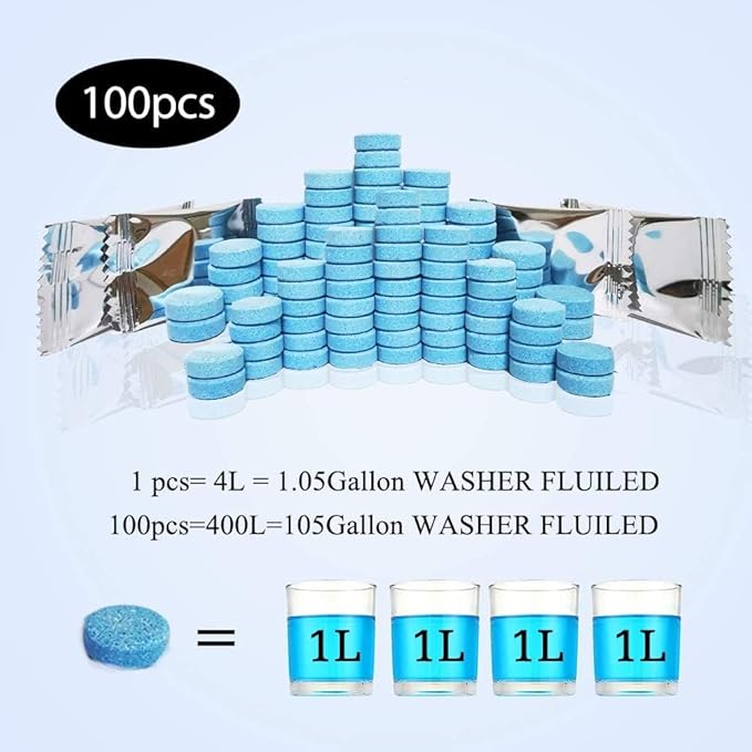 100 Pcs Atuo Windshield Washer Tablets,Windshield Wiper Fluid,1 Pack Makes 105 Gallons,1 Piece Makes 1.05 Gallons(Winter: Use With De-icer or Methanol)