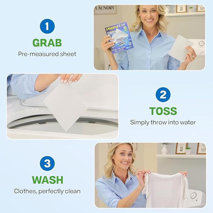 HAPPY HOUR Laundry Detergent Sheets Fresh Scent – 70 Loads, Eco Friendly, Liquidless Soap, Travel Friendly for Hot & Cold Cycles, Fights Tough Stains & Odors, Hypoallergenic for Sensitive Skin
